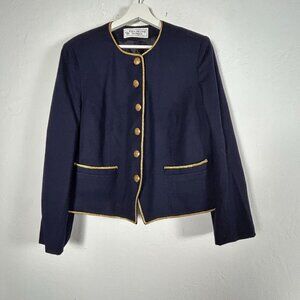 Vintage Evan-Picone Woman Navy Blue Blazer Jacket Gold Trim & Buttons Size 16W